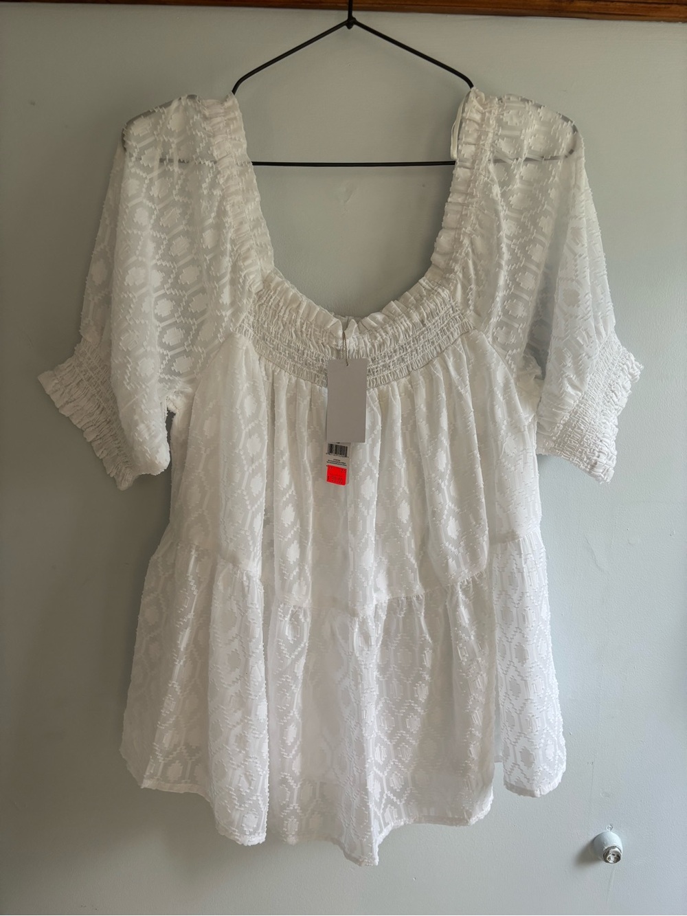 Charlie Paige White Smocked Square-Neck lace top